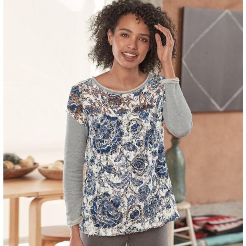 Sundance Caraway Lace Pullover Crochet Overlay Sweatshirt Top XL Gray Raw Edge
